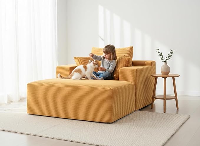 Monroe Convertible Chaise Lounge Chair Indoor – Oversized Corduroy Couch with Wide Armrest &amp Throw Pillows Cozy Boneless Sleeper Sofa Bed Armchair Ginger Yellow