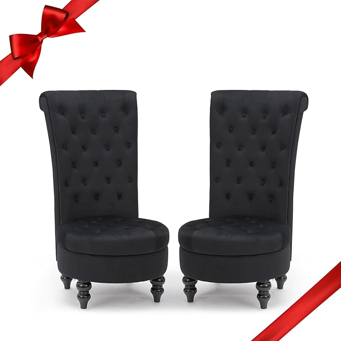ECOTOUGE 2PC Velvet High Back Accent Chair for Living Room Royal Design Throne Chairs with Upholstered Tufted for Bedroom Black