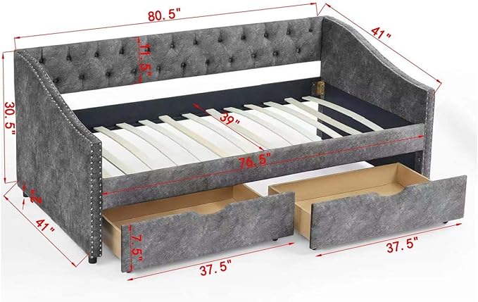 Twin Size Upholstered Daybed with Drawers Tufted Sofa Bed with Waved Arms Grey Polyester Mid-Century Design 500lbs Capacity
