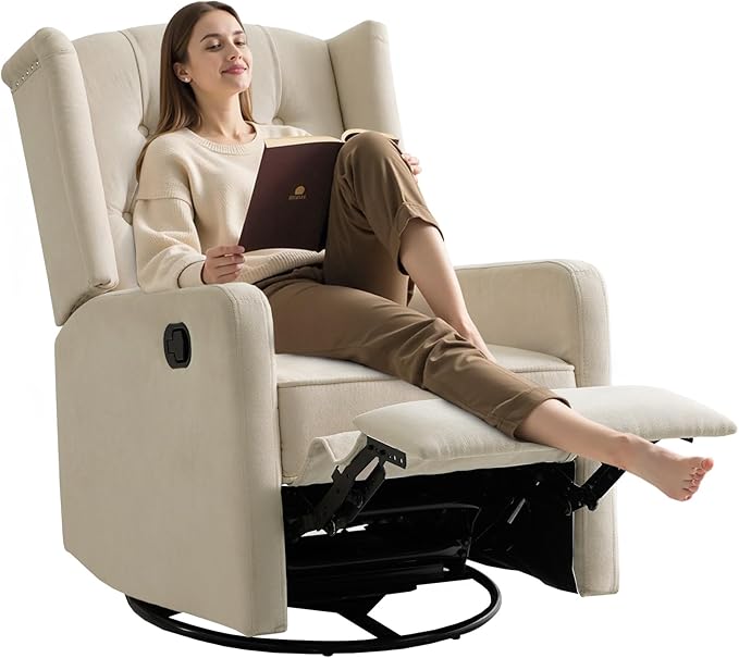 ABAKAN Swivel Rocker Recliner Chair 360 Degree Nursery Rocking Recliner Linen Glider Chair with Button Tufted Wingback Chair for Living Room BedroomAsh Beige