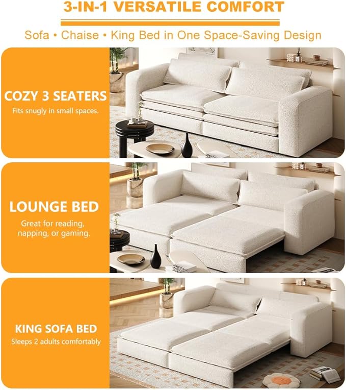 93 King Pull Out Sofa Bed Teddy Sleeper Sofa Couch Modern Wide Armrest 3 in 1 Convertible Futon Couches for Living Room Small Space Apartment Bedroom Office Beige