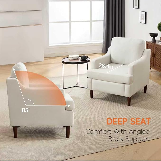 Mid-Century Accent Chair Modern Linen Fabric Armchair for Living RoomComfy Upholstered Reading Chairs for BedroomSingle Sofa Chair with Wood Legs (Linen Beige Set of 1)