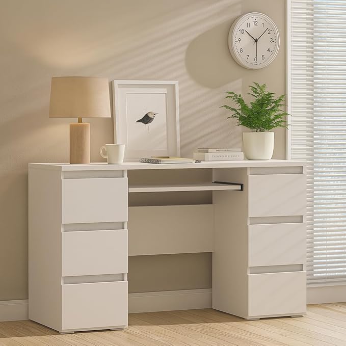 47'' Computer Desk with 6 Drawers and Keyboard Shelf Modern Wood Writing Desk with Storage for Home Office Bedroom Gaming Study or Vanity Table (White)