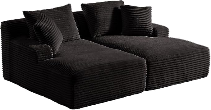 Oversized Double Chaise Lounge Chair IndoorWide Corduroy Boneless Chaise Lounges Sofa Comfy Upholstered Sectional Cloud Couch No Assembly Required Loveseat Sleeper Chair Bed for Living Room(Black)
