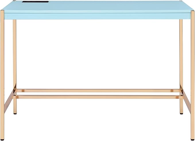 Kaimei Baby Blue Writing Desk with USB Ports - Modern &amp Spacious Home Office Desk with Gold Accents