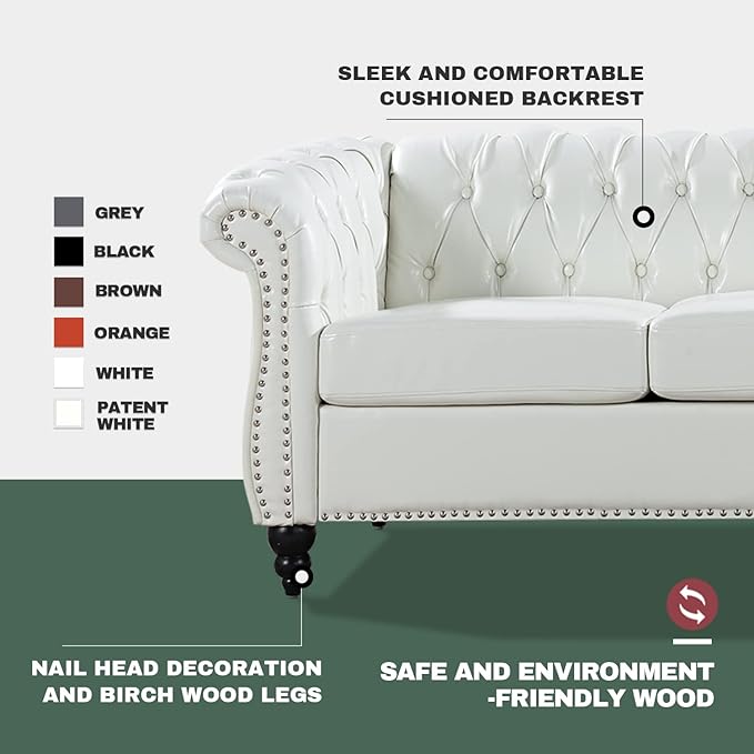 White Sofas for Living Room Faux Leather Chesterfield Sofa 84 Rolled Arm 3-Seater Couch Sofa with Button Nailhead Upholstered Sofa Furniture Easy to Assemble (White)