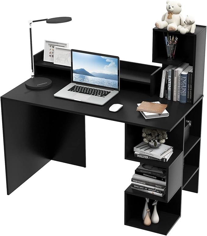 Tangkula Computer Desk with Storage Bookshelf &amp Hutch 48” Modern Home Office Desk with 8 Storage Shelves Space Saving Writing Study Desk for Bedroom Compact Computer Workstation for Home (Black