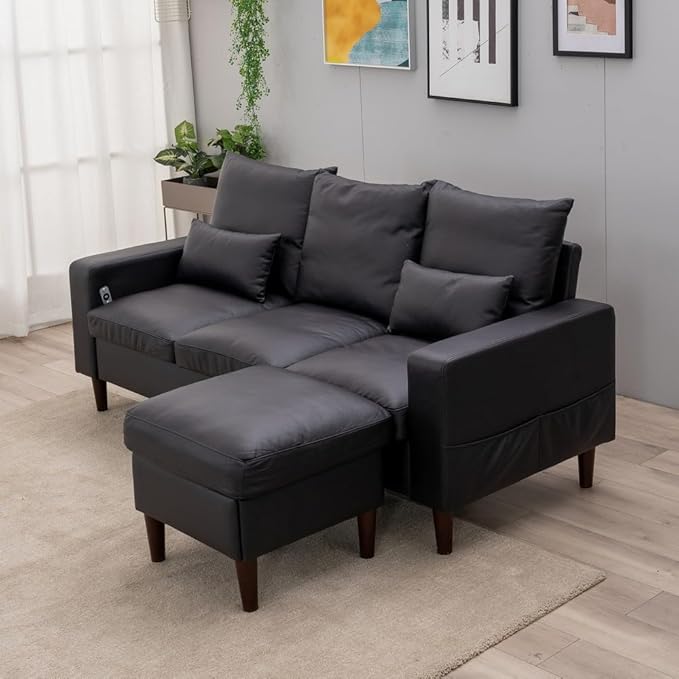 Panana Sectional Sofa Modern Deep 3-Seat Sofa Couch with Ottoman Upholstered Furniture for Living Room Apartment Studio Office (Black Artificial Leather Track Arms)
