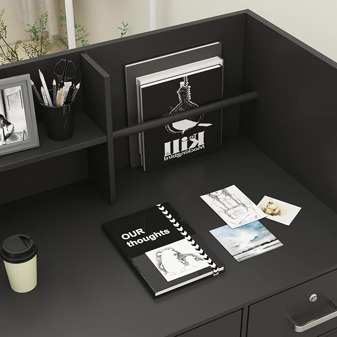 Homsee Modern Reception Desk with 3 Drawers 1 Door Storage Cabinet &amp Hutch Shelf Office Wooden Computer Desk Writing Study Table PC Laptop Desk Black (47.3 L x 18.3 W x 43.3 H)