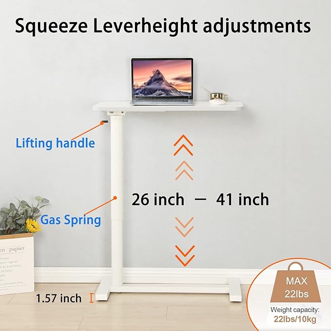 Mobile Standing Desk 90° Tilt Table Height Adjustable Storable Overbed Table 30 Inch Rolling Laptop Desk with Gas Spring Riser and Wheels for Home Office Medical School