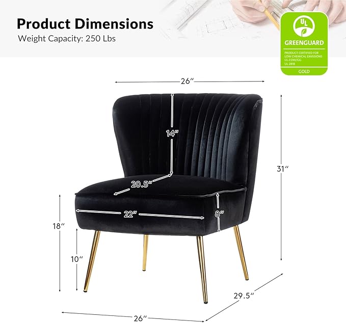 Tina's Home Velvet Armless Accent Chair Upholstered Modern Small Side Chair with Golden Legs Comfy Cute Wingback Slipper Chair for Living Room Study Beauty Room Thickly Padded(Black)