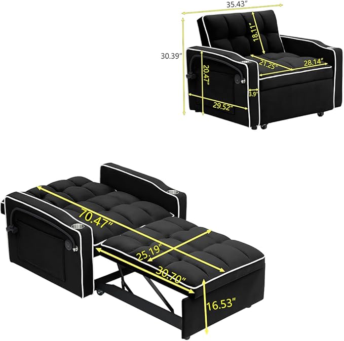 3 in 1 Convertible Sleeper Chair Modern Pull Out Couch Bed Single Recliner with Adjustable Back Velvet Futon Folding Sofa Bed Chair for Living Room Bedroom Small Spaces (Black-2)