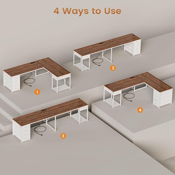 57 L Shaped Desk with 5 Drawers Reversible Computer Corner Desk with Storage &amp Power Strip for Home Office 78.7 Long 2 Person Desk Brown+White