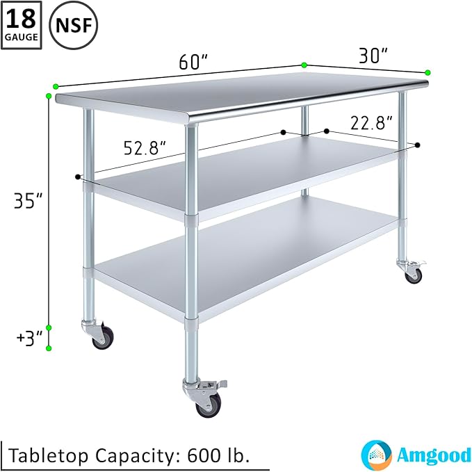 AmGood Stainless Steel Work Table with 2 Shelves and Casters | Metal Utility Table On Wheels (Stainless Steel Work Table with 2 Shelves + Casters 60 Long x 30 Deep)