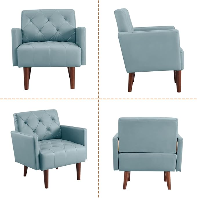 Leather Accent Chair Mid Century Modern PU Leather High Back Armchair for Living Room Chairs with Solid Wood Legs for Small Spaces Bedroom Office (Blue 29.1 x 25.6 x 31.1)