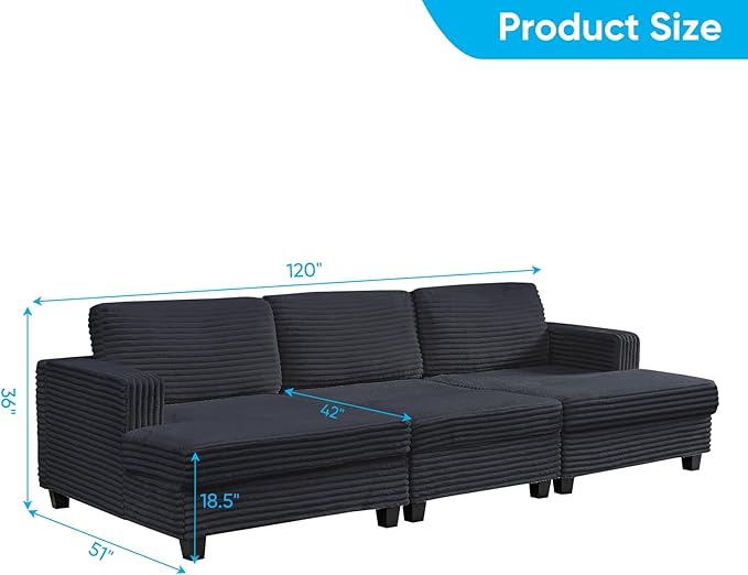 Mjkone 120 W Oversized Deep Seat Sofa Upholstered Corduroy 3 Seat Sofa Modular Sectional Couch with Wooden Frame Modern Sleeper Sofa Bed for Living Room Office Dark Grey