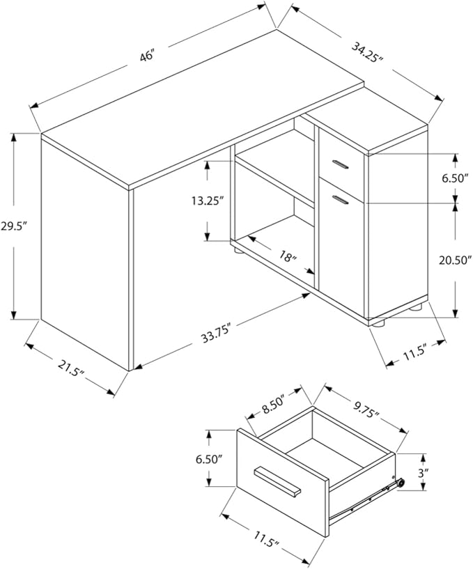 L-Shaped Computer Desk with Storage Drawers and Cabinet 46” Corner Desk for Home Office or Bedroom Walnut Wood-Look Laminate Finish Compact Workstation with Open Shelves