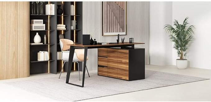 Home Office Desk L-Shaped with Drawers Cabinet Corner Brown Industrial L-Shape MDF Metal Wood Finish