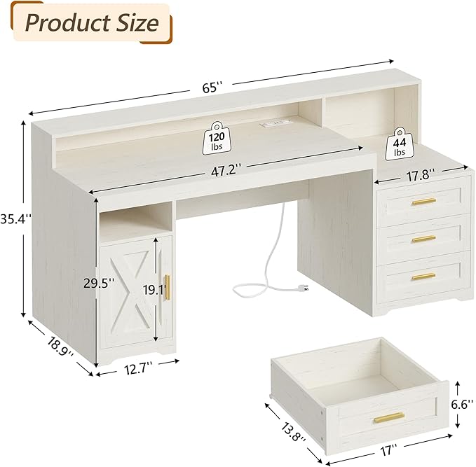 TVU Farmhouse Computer Desk with Drawers 65'' Home Office Desk with Power Outlets Storage Cabinet and Printer Stand Study Writing Desks with Long Monitor Stand White