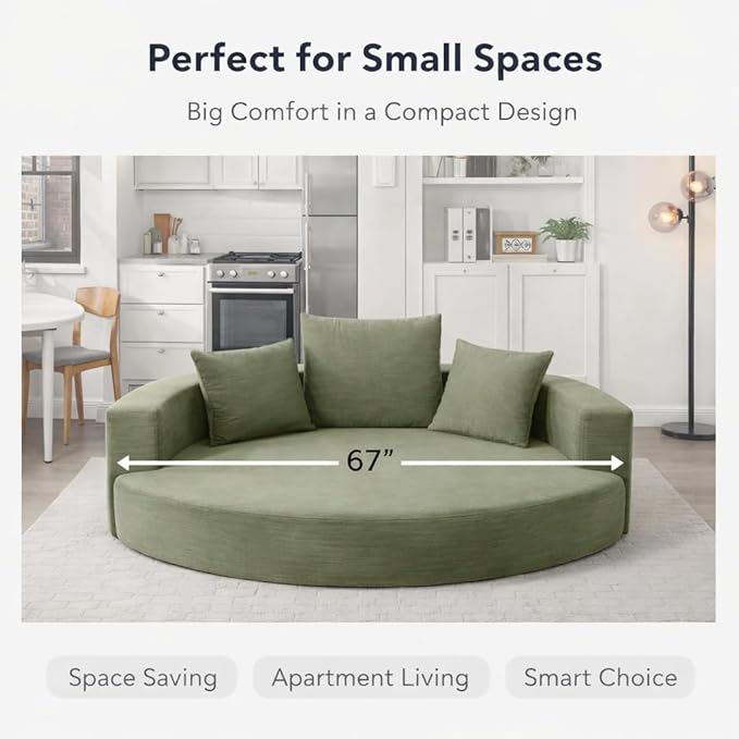 Convertible Round Sofa Bed 67 Corduroy Upholstered Loveseat Sleeper Couch Pull-Out Floor Bed with 3 Pillows No Assembly 550 lbs Weight Capacity(Green)