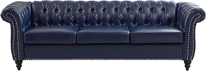 ORRD Chesterfield Sofa Leather Modern Faux PU Tufted Couch 3 Seater with Rolled Arms and Nailhead for Living Room Bedroom Office Apartment (Blue)