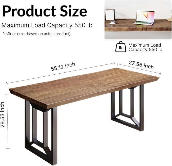 Solid Wood Rustic Style 55.1-inch Computer Desk - Large Office Desk for Home Office Modern and Simple Design Ideal for DiningStudy Writing (Black-q 55.12 * 27.56 * 29.53)