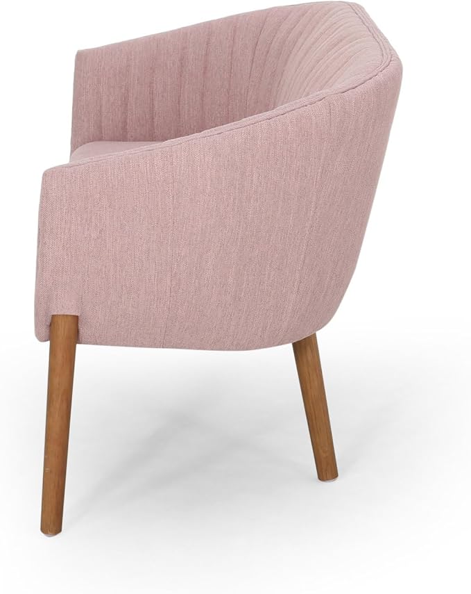 Blush Fabric Loveseat Sofa - Mid Century Modern Channel Stitched Backrest with Brown Rubberwood Legs for Living Room Bedroom or Foyer