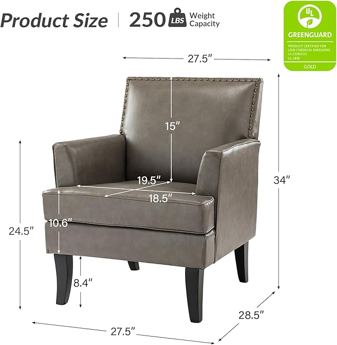 HULALA HOME Modern Faux Leather Accent Chair Comfy Upholstered Sofa Chair with Nailhead Trim Living Room Bedroom Armchair with Wood Legs Grey