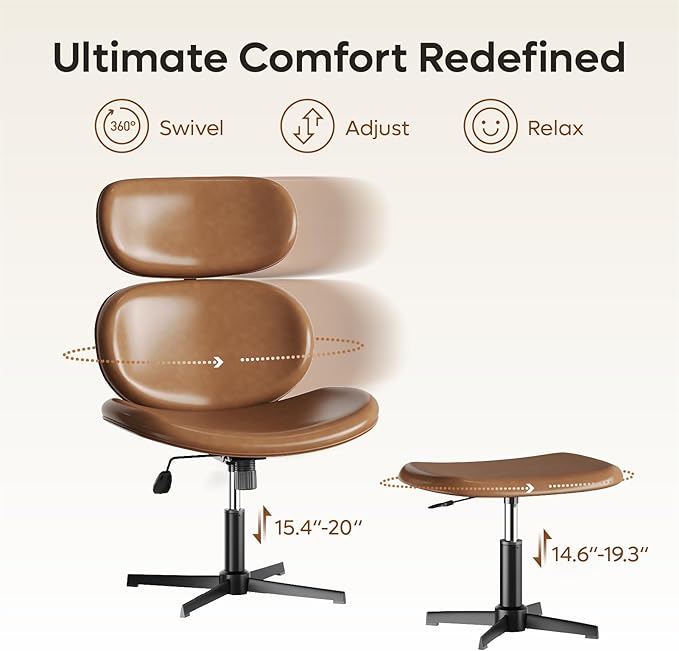 Bestier Swivel Modern Chair with Ottoman No Wheels PU Criss Cross Reading Chair with Extended Headrest &amp Adjustable Seat Modern Armless Ergonomic Chair for Living Room Brown