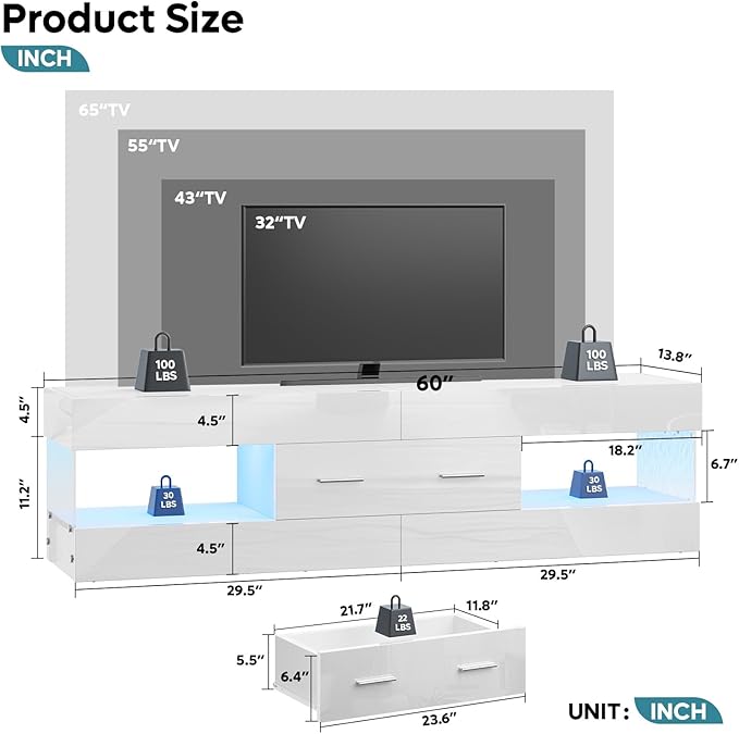 Bestier TV Stand for 55/60/65 Inch TV High Gloss Modern TV Stand with Stone-Patterned Side Panels LED Entertainment Center with Large Drawer TV Consoles for Living Room Bedroom (Glossy White)