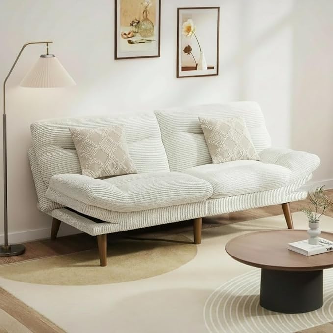 Pipishell Futon Sofa Bed Modern 66 Futon Couch Convertible to Bed &amp Lounger Compact Size Corduroy Loveseat Durable Construction - Fits Small Spaces ApartmentsStudy Room (Beige White 66 Inc