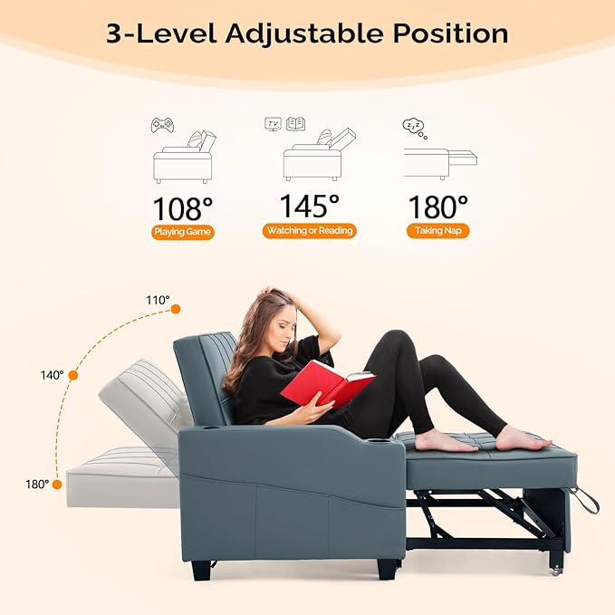VINGLI Blue Grey Futon Sofa Bed Convertible Loveseat Sleeper Couch Faux Leather Pullout Sofa Fold Out Couch Bed with USB Ports Cup Holders Armrest for Living Room Bedroom Apartment Room