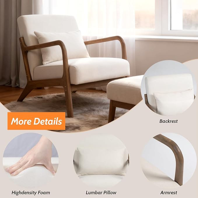 Modern Accent Chair Cotton Linen Fabric Upholstered Lounge Armchair with Solid Wood Frame for Living Room Bedroom Reading Nook (White1)