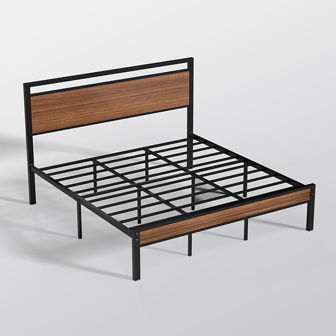 Z-hom King Metal Bed Frame with Wooden Headboard and Footboard Heavy Duty Platform Frame with Metal Slats No Box Spring Needed Quiet and Non-Slip Design Space Saving Bed Frame for BedroomWalnut