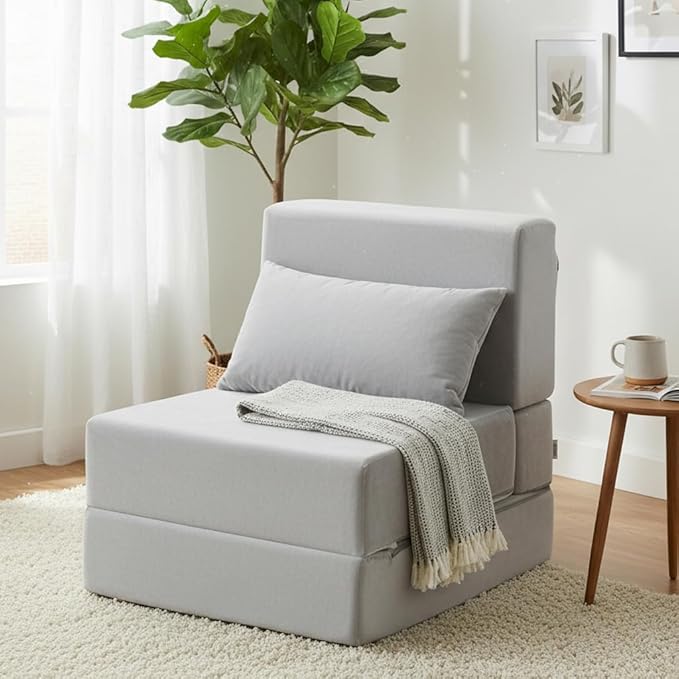 Folding Sofa Bed Convertible Sleeper Chair with Pillow Foldable Mattress &amp Back Support Portable Floor Lounger Futon for Apartment Dorm Living Room Bedroom Grey