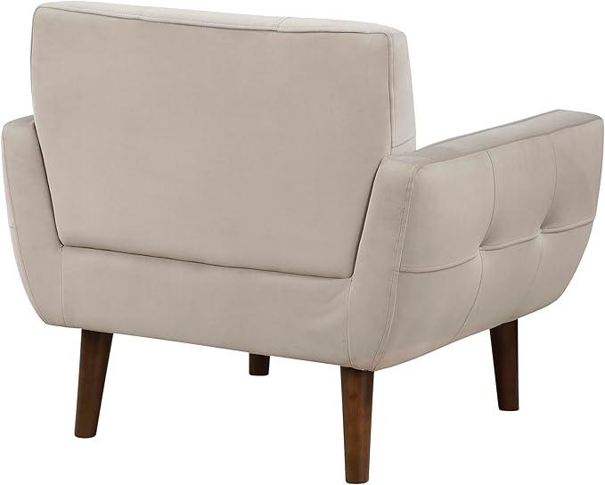Lexicon Mid Century Modern Accent Chair with Dark Brown Solid Wood Leg Velvet Upholstered Living Room Chair Lounge Arm Chair Tufted Detail Single Sofa Chair Comfortable Reading Chair Brown