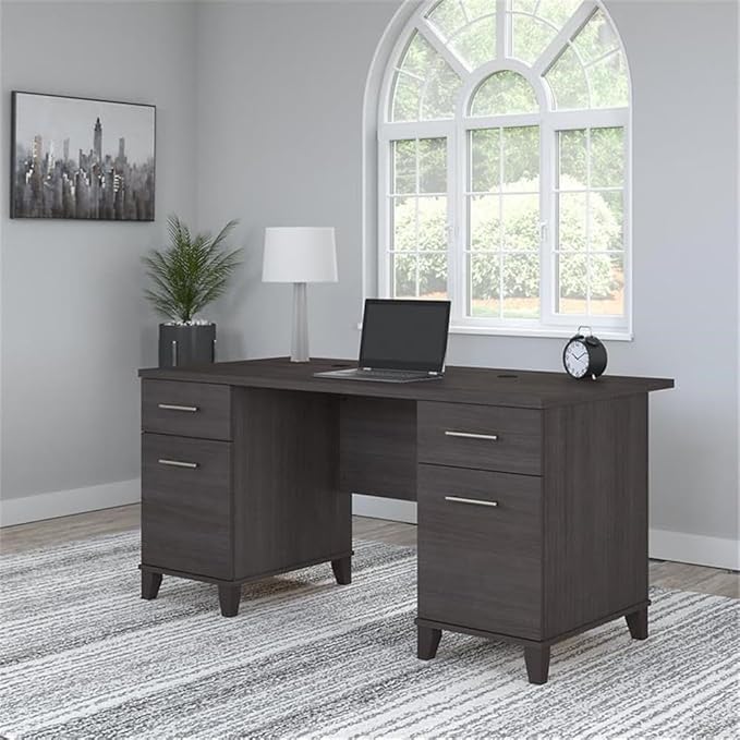 Bush Home 60-inch Home Office Desk with Drawers Large Computer Table with Storage Transitional Style Somerset Collection Storm Gray