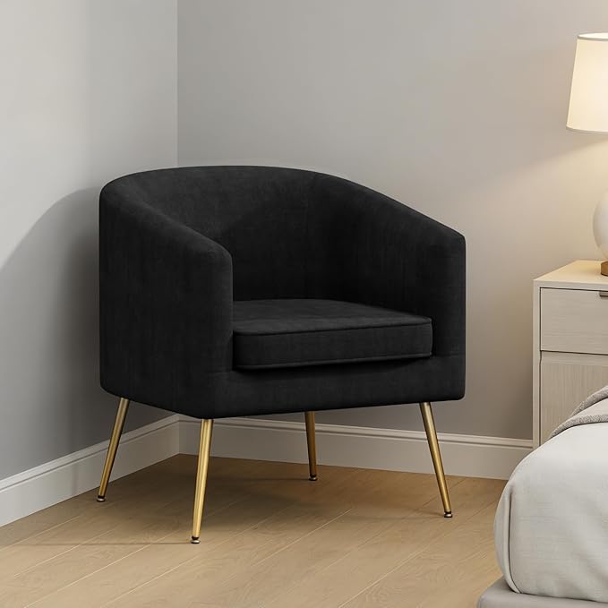 Velvet Barrel Chair Modern Accent Chair with Metal Sturdy Legs Club Chair Comfy Armchair Modern Tub Chair for for Living Room Bedroom Waiting Room Black