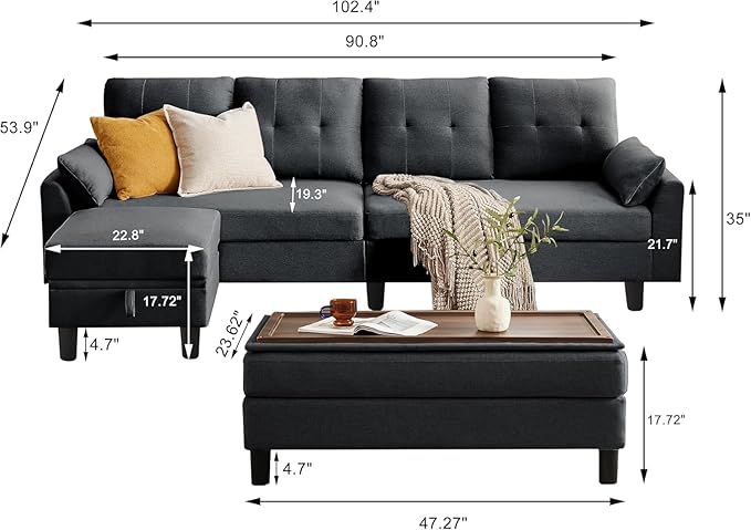 102 L-Shape Sofa Couch Couch with Ottoman Coffee Table 4 Seat Modern Sofa with Removable Cover for Apartment and Living Room Dark Grey