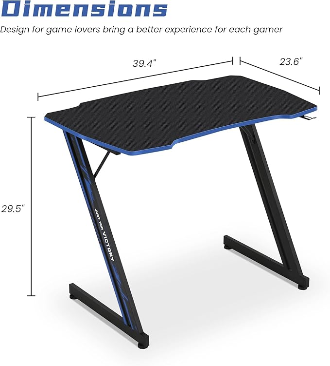 Gaming Desk 39 Inch Z-Shaped Computer Desk Modern Ergonomic PC Computer Table Home Office Desk Racing Style Gaming Workstation with Headphone Hook Blue