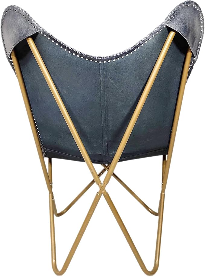 PLW Handmade Gray Leather Butterfly Chair with Ottoman – Folding Lounge Chair Set with Gold Iron Frame Vintage Accent Seating for Living Room Bedroom or Office