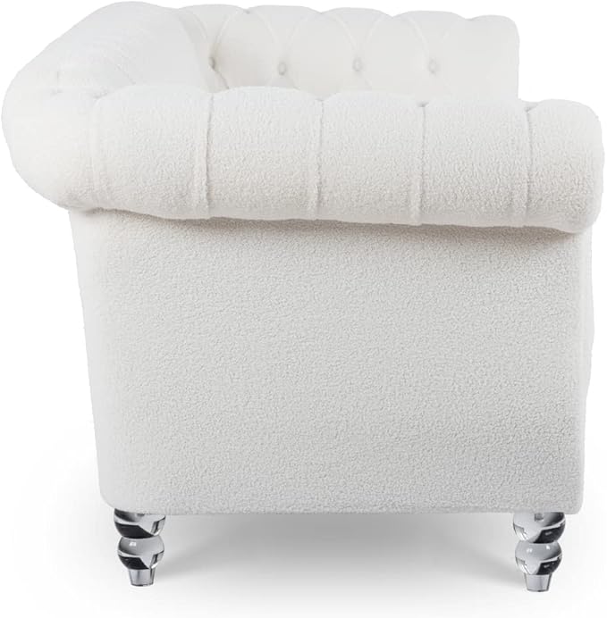 84 Modern Chesterfield Fabric Couch Rolled Arm Tufted Back 3 Seater Sofa Upholstery Nailhead Trim Couches for Living Room Office (White)