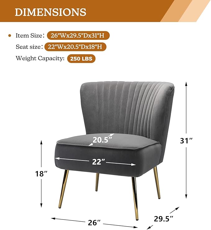 HULALA HOME Velvet Accent Chair Modern Upholstered Cute Side Chair with Gold Metal Legs Armless Wingback Slipper Chair Comfy Living Room Chair for Bedroom Guest Room VanityGrey