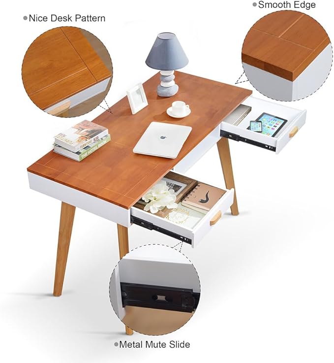 Mid Century Desk Modern Simple Style Writing Study Desk with 2 Drawers and Solid Wood Legs Home Office Desk Computer Desk for Small Space Multifunctional Vanity Table Desk