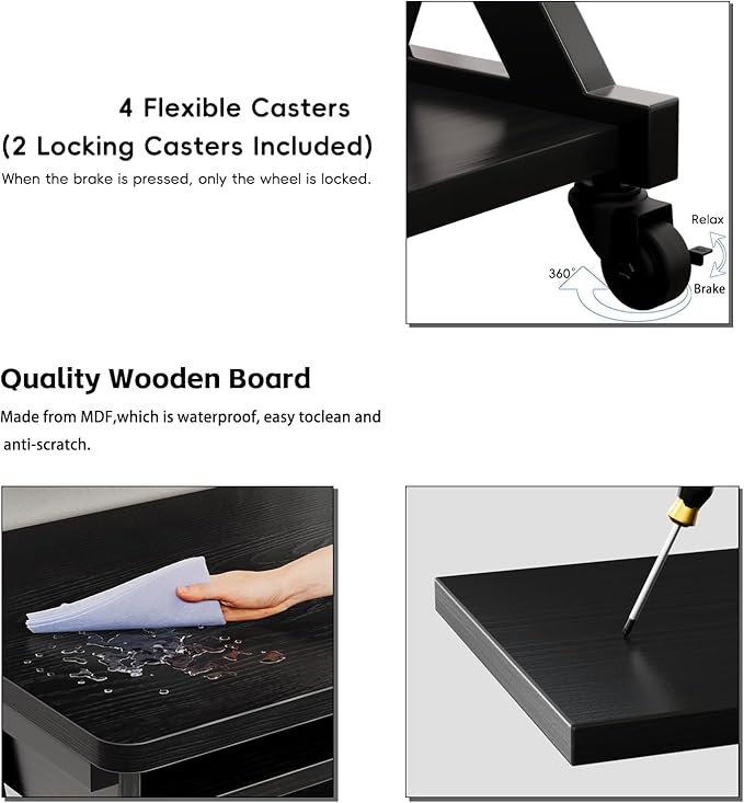 Computer Desk with Keyboard Tray 23.6 inch Rolling Small Desk with Wheels Computer Cart with Storage Mobile Desk Z Shaped for PC Home Office Black