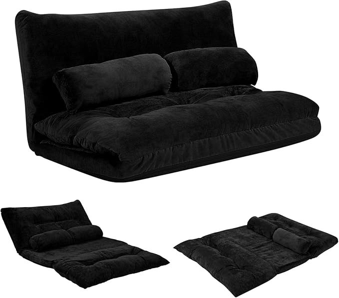 KOMFOTT Foldable Floor Lazy Sofa with 2 Pillows 6-Position Adjustable Reclining Sofa Sleeper Bed Convertible Futon Couch Bed Floor Couch Lounge for Relaxing Reading Playing Gaming (Black)