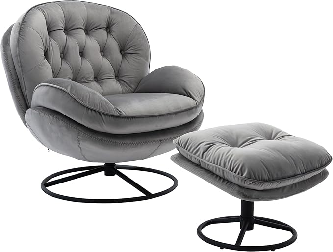 JINS&ampVICO Swivel Accent Chair Armchair with OttomanVelvet Lounge ChairComfy Living Room ChairLazy Sofa for BedroomApartmentReading RoomGray