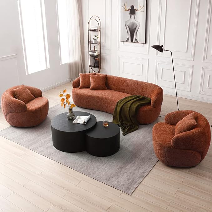 WILLIAMSPACE Swivel Accent Sofa Chair Round Back Boucle Barrel Chair with Pillow Modern Leisure Arm Chair for Hotel Living Room Bedroom Office (Orange)