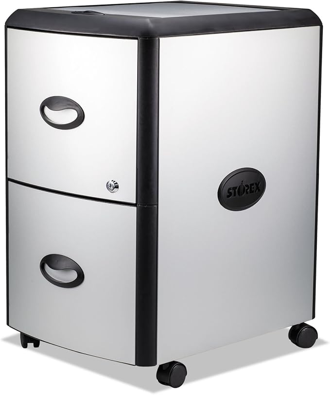 Storex 61351U01C Two-Drawer Mobile Filing Cabinet Metal Siding 19w x 15d x 23h Silver/Black