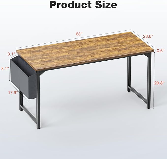 Sweetcrispy Computer Office Desk 63 Inch Student Study Writing Work with Headphone Hooks &amp Storage Bag Modern Simple PC Home Bedroom Table Rustic Brown